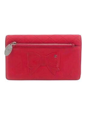 Chanel Cambon Bow Long Flap Wallet Red Suede Leather Silver Hardware